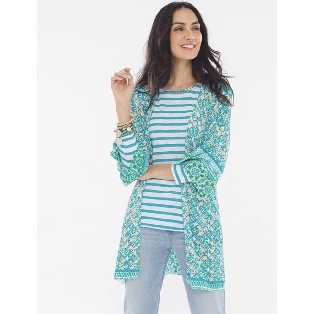 CHICO’S Soft Tile Stripe Duster Cardigan Teal Boho‎ Open Front 2 L Boho Coastal